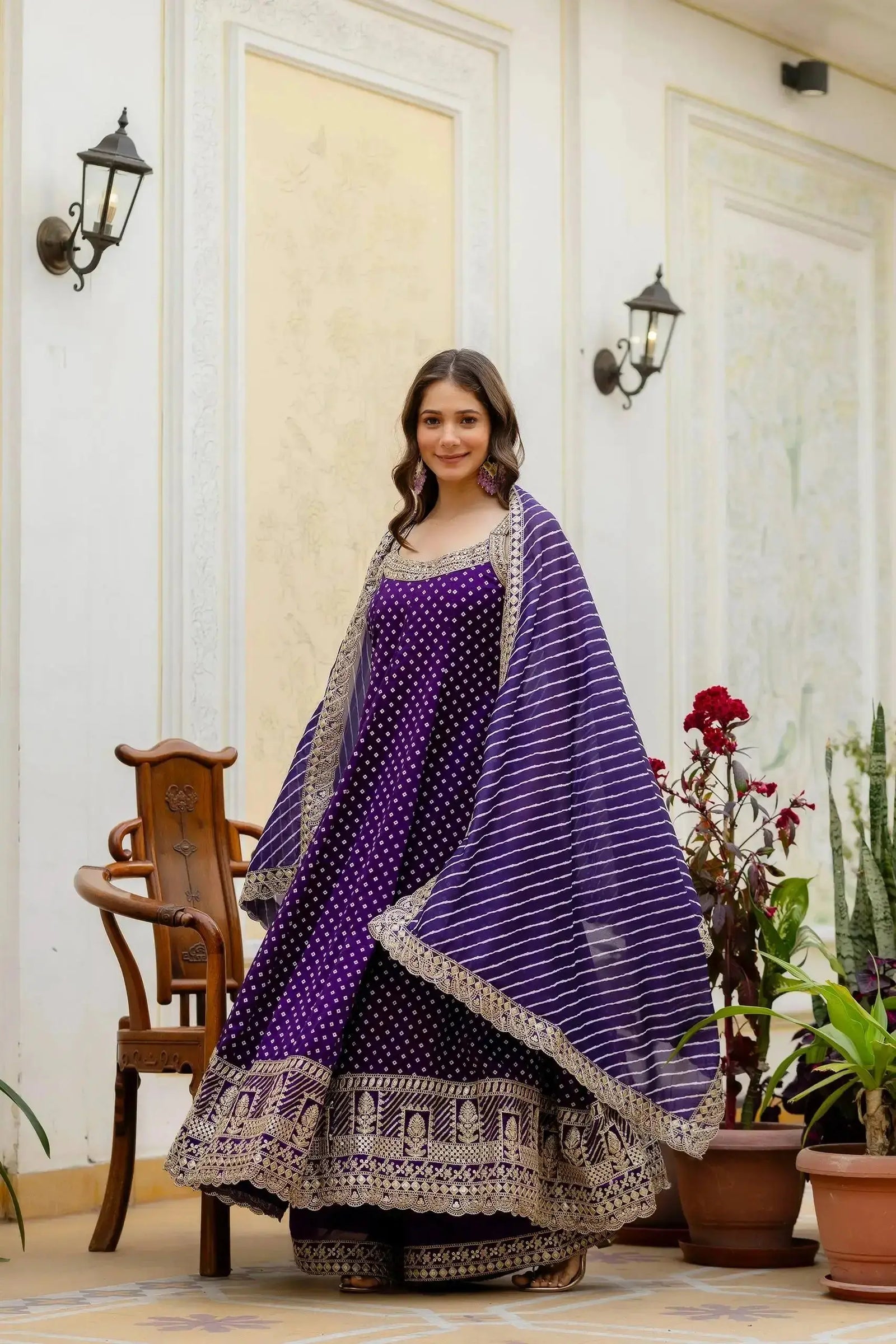 KU215 Purple Anarkali Suit with dupatta spread wide – Full-length shot showing mirror work yoke, Bandhej print body and scalloped zari hem