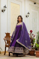 KU215 Purple Anarkali Suit with dupatta spread wide – Full-length shot showing mirror work yoke, Bandhej print body and scalloped zari hem