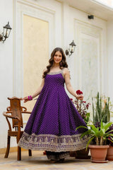 KU215 Purple Embroidered Anarkali Suit – Flair pose without dupatta, showing wide A-line silhouette, gold zari temple border and sleeveless design
