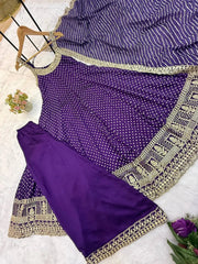 KU215 Purple Embroidered Anarkali Suit – Flat lay showing all 3 pieces: Anarkali kurta, Palazzo pants and Striped Lurex dupatta with gold zari border