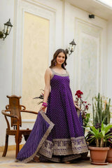 KU215 Purple Anarkali Suit side view – Three-quarter shot without dupatta showing Anarkali flair, Vichitra Silk Blend fabric and gold zari border