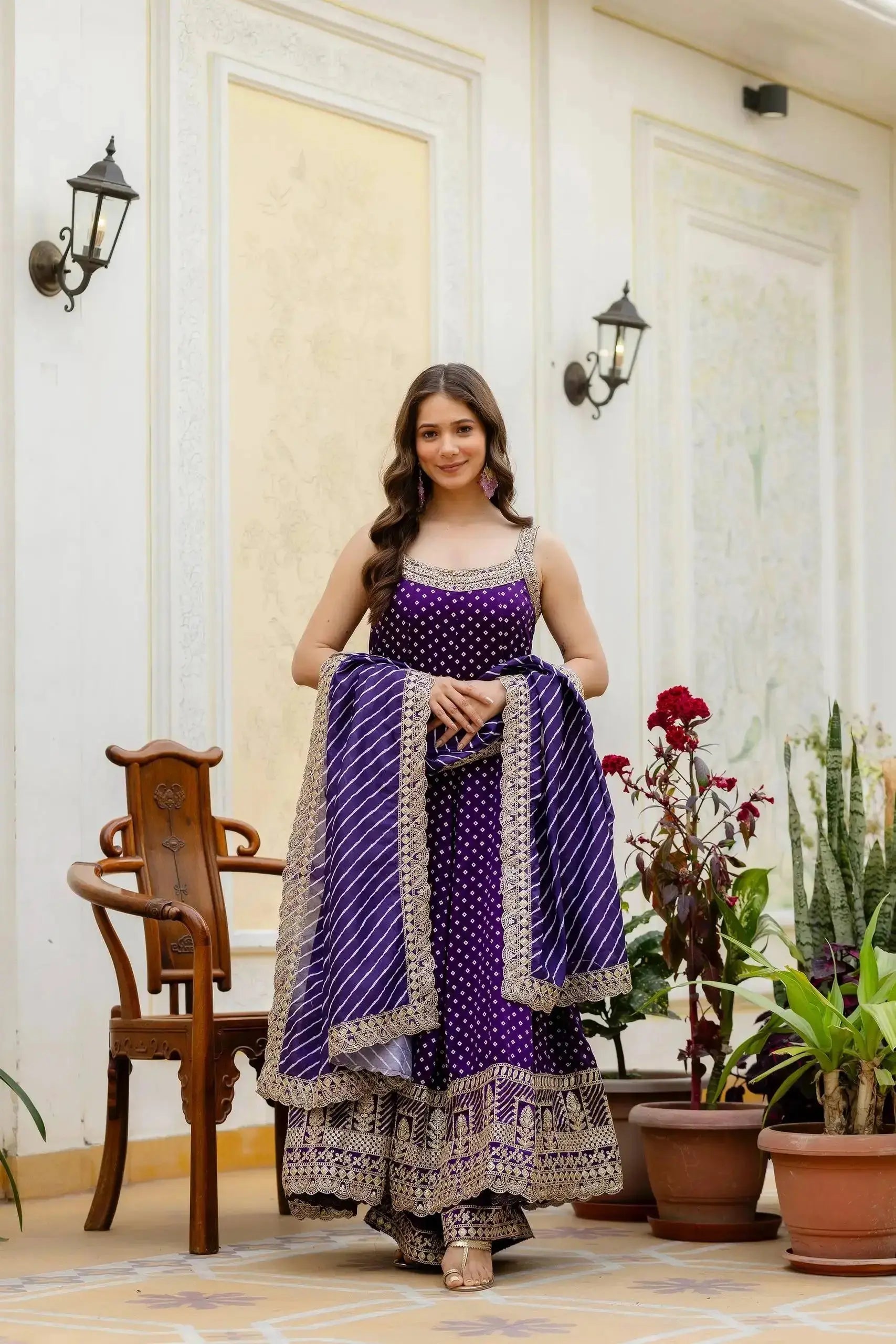 KU215 Purple Embroidered Anarkali Suit – Full-length front view with Striped Lurex dupatta, mirror work yoke and gold zari border hem