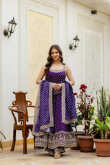 KU215 Purple Embroidered Anarkali Suit – Full-length front view with Striped Lurex dupatta, mirror work yoke and gold zari border hem