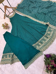 Teal Green Embroidered Anarkali Suit flat lay – suit, Palazzo and Striped Lurex dupatta