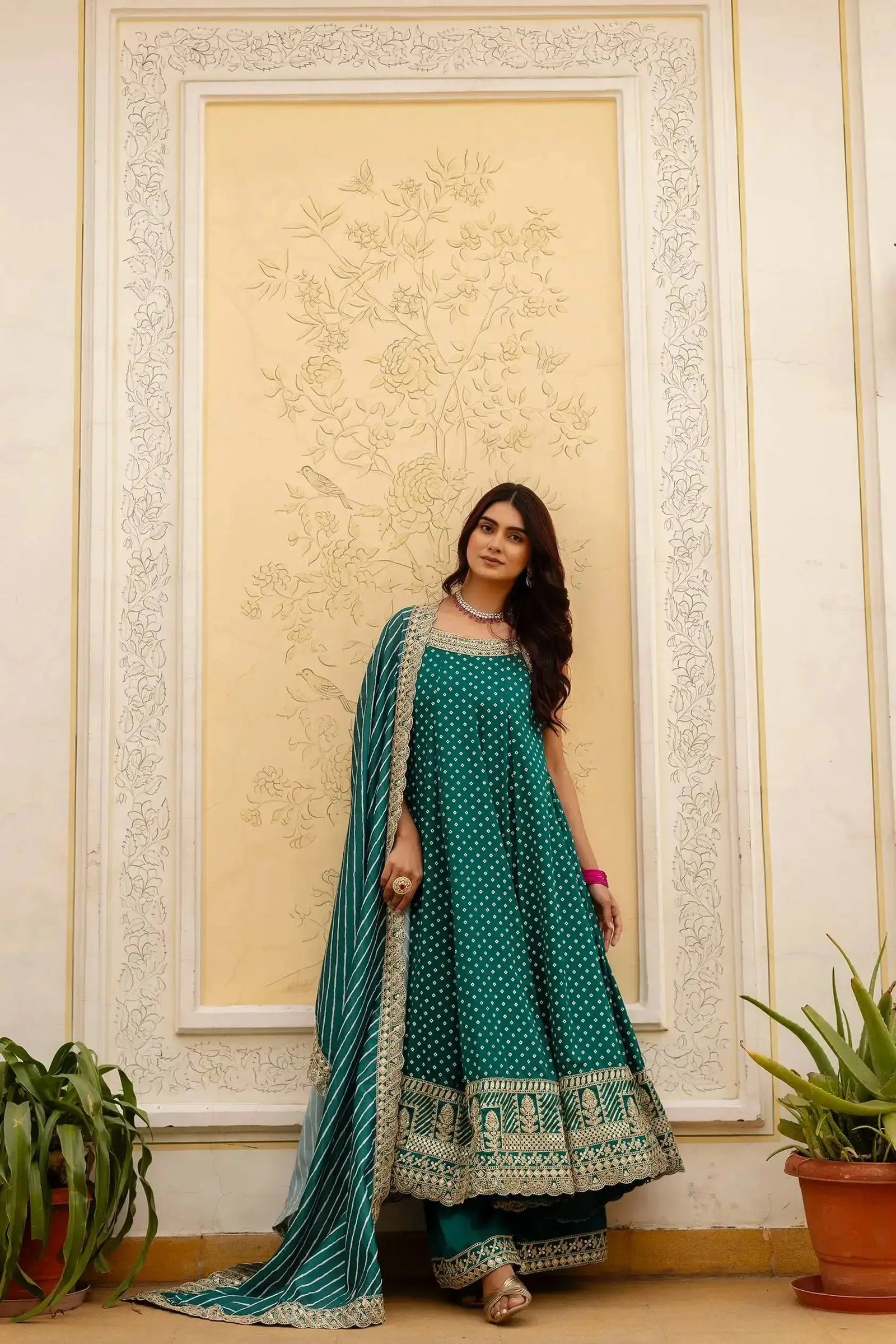 Teal Green Embroidered Anarkali Suit – front view, mirror work yoke and wide Anarkali flair