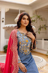 Grayish Blue Heavy Embroidered Suit KU216 – Portrait shot highlighting mirror work yoke embroidery and coral-pink dupatta