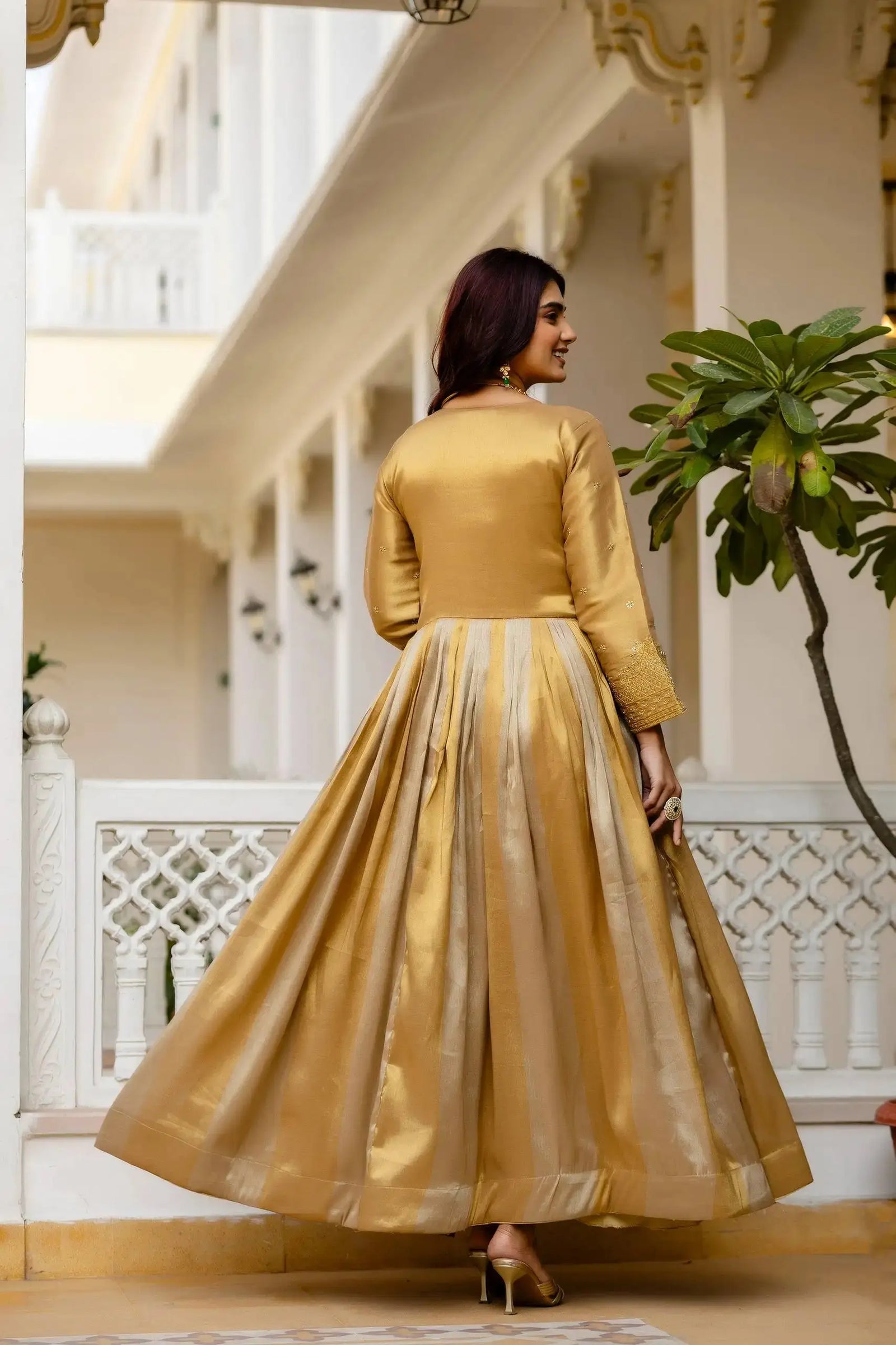 KU218 Beige Anarkali Suit – Back view showing covered back, full sleeves with embroidered cuffs and Maxi Anarkali length