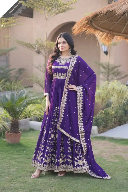 Purple Sequins Embroidered Anarkali Suit – front view, full-body zari embroidery and 56-inch flair