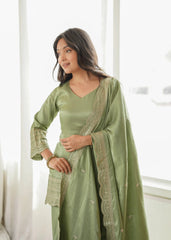 Pista Green Shalwar Suit – embroidered cuff detail matching the scalloped hem
