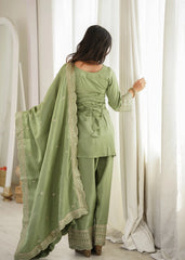 Pista Green Sequins Embroidered Suit – full-length model shot with shalwar and dupatta