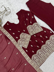 Maroon Suit Bell Bottom Pant and Zari Border Dupatta Flat Lay – KU239