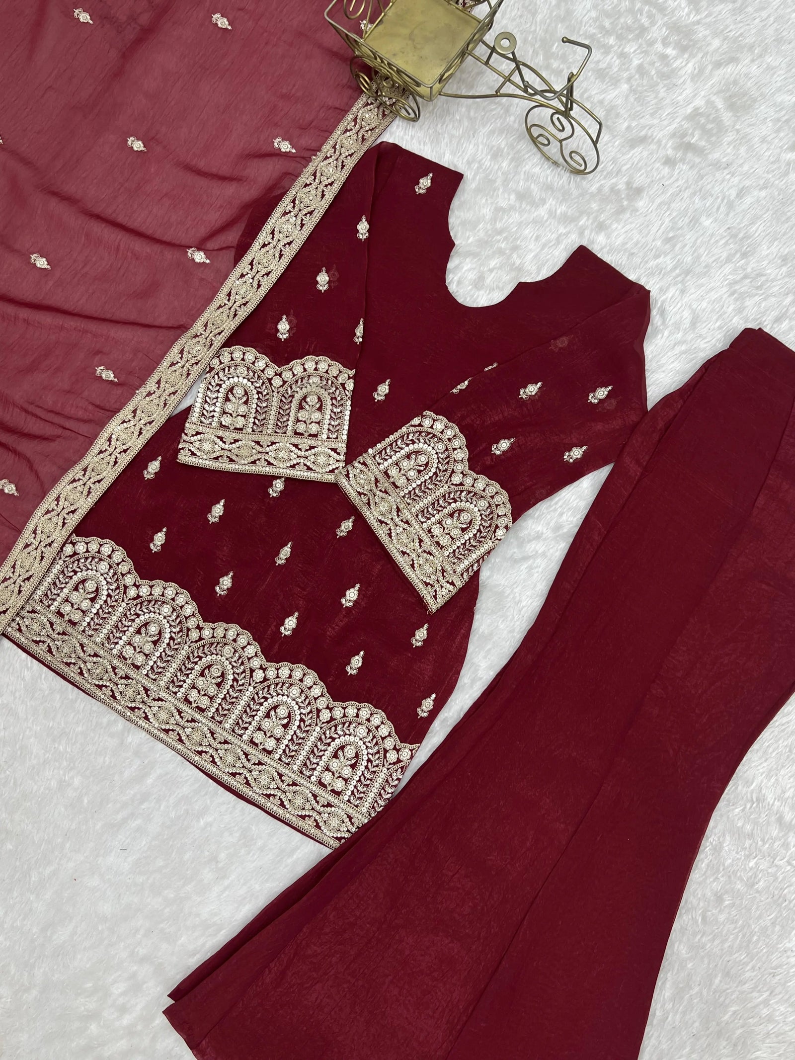 Maroon Sequins Embroidered Suit Set Flat Lay with Embroidery Detail – KU239