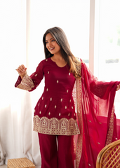 Maroon Zari Work Suit with Bell Bottom Pant and Embroidered Dupatta – KU239