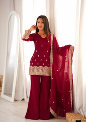 Maroon Full Sleeve Suit with Fancy Neck and Bell Bottom Pant – KU239