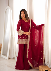 Maroon Sequins Embroidered Suit Set with Bell Bottom Pant and Dupatta – KU239