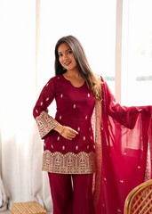 Maroon Sequins Suit Close-Up Embroidery and Sleeve Detail – KU239