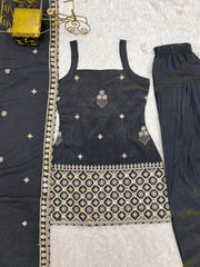 Black Sequins Embroidered Suit with Farshi Shalwar and Dupatta – Full Set Flat Lay | Kalyanja