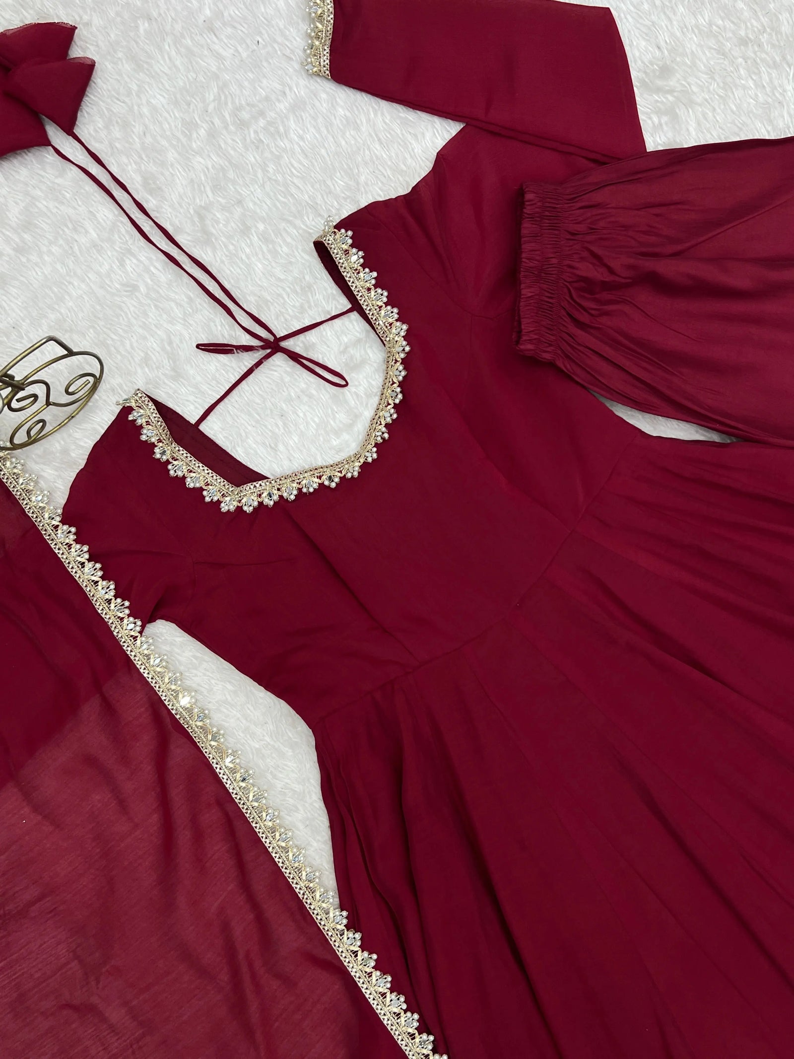 Dark Maroon Anarkali Suit – Flat Lay Neckline and Lace Work Detail | Kalyanja
