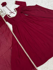 Dark Maroon Handwork Suit with Dupatta – Flat Lay Front View | Kalyanja