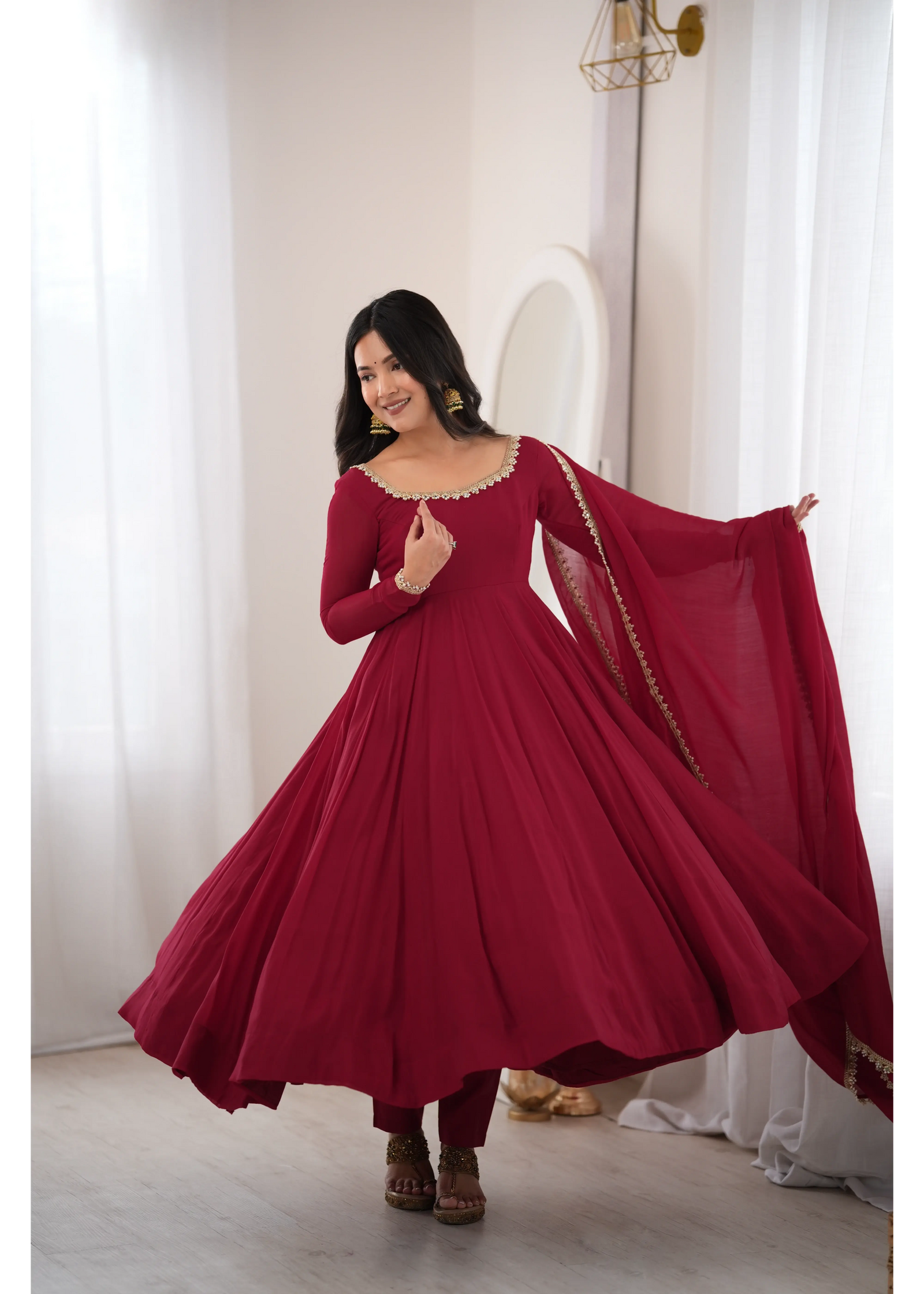 Dark Maroon Mul Chanderi Anarkali Suit – Front View | Kalyanja
