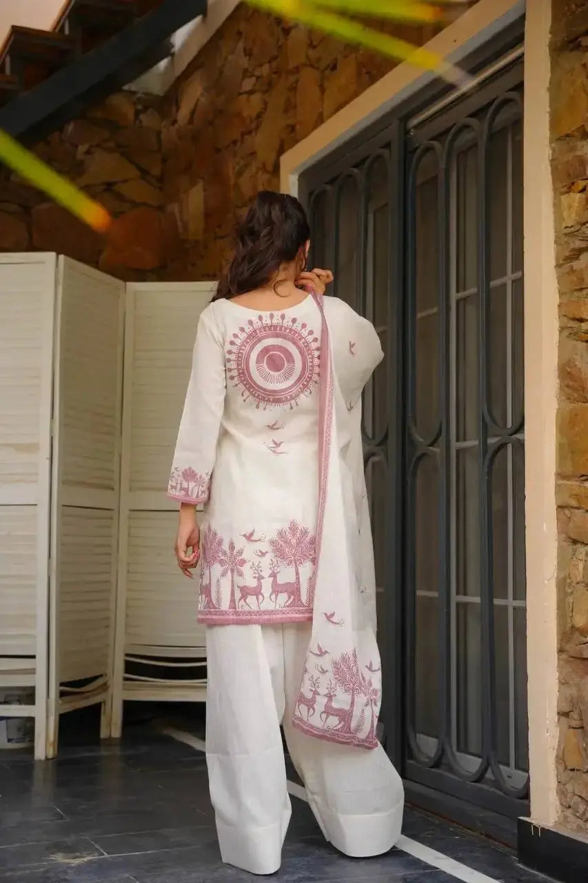 White Cotton Suit Back View Showing Mandala Folk Print – KU243