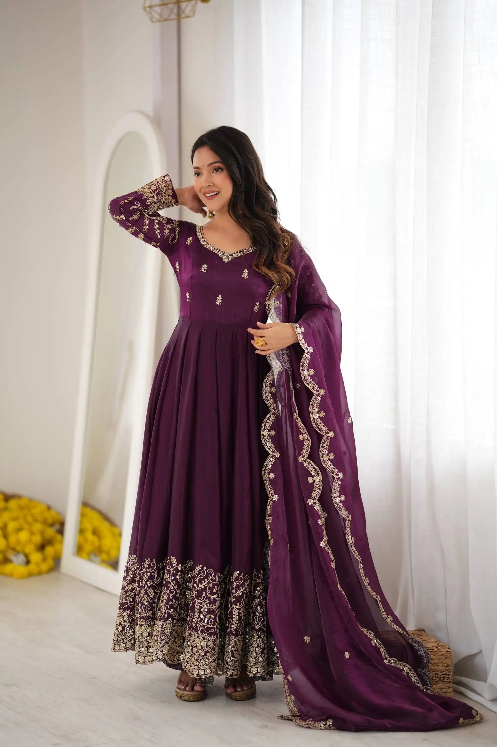Purple Anarkali Suit – close-up of gold sequins hem border embroidery floral medallions