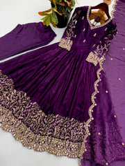 Purple Suit – full-length side-angle view showing 50-inch Anarkali sweep