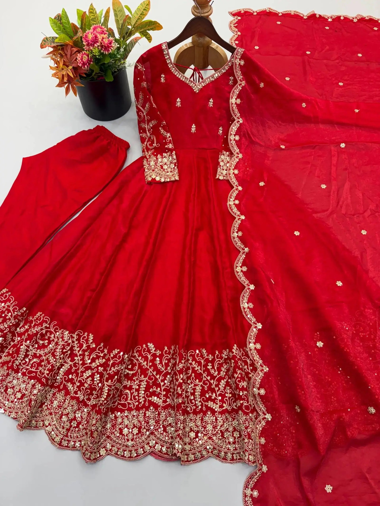 Red Anarkali Suit on Hanger with Dupatta Flat Lay – KU244