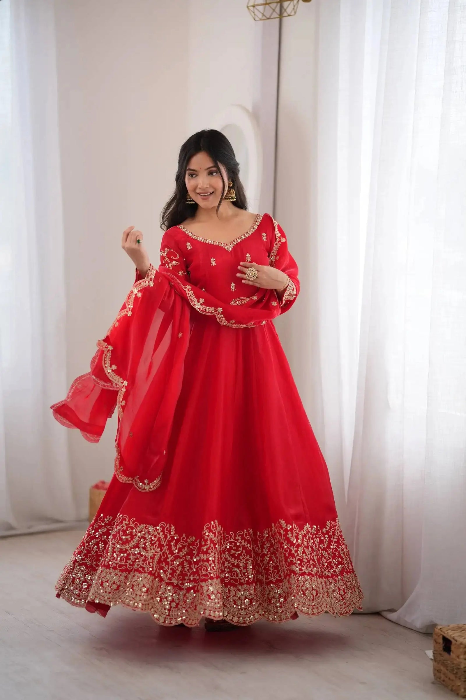 Red Anarkali Suit Full Length View with Embroidered Hem – KU244
