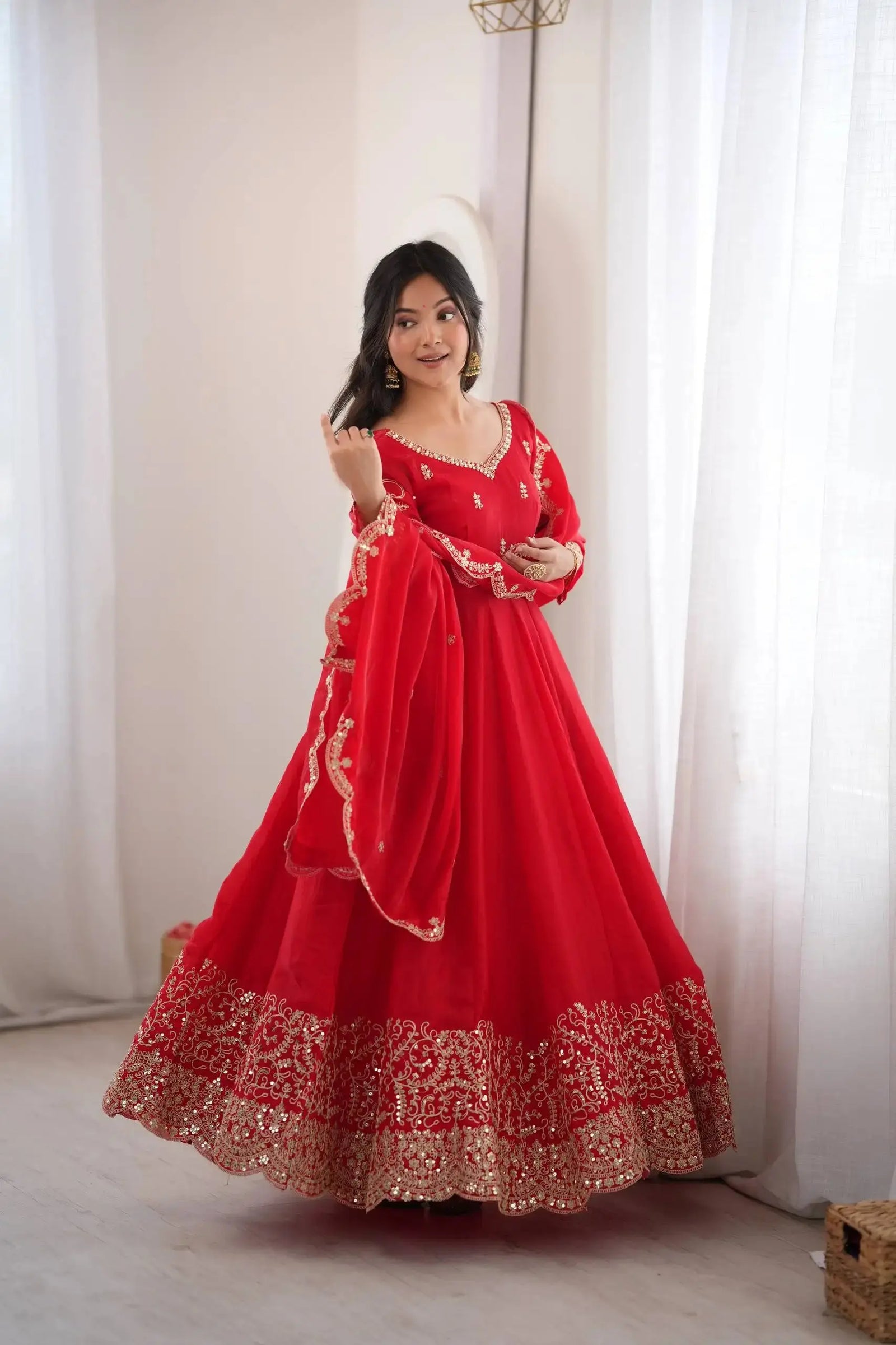 Red Fendy Silk Anarkali Suit with Scalloped Dupatta – KU244