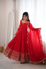 Red Anarkali Suit with Full Sleeve and Embroidered Cuff – KU244