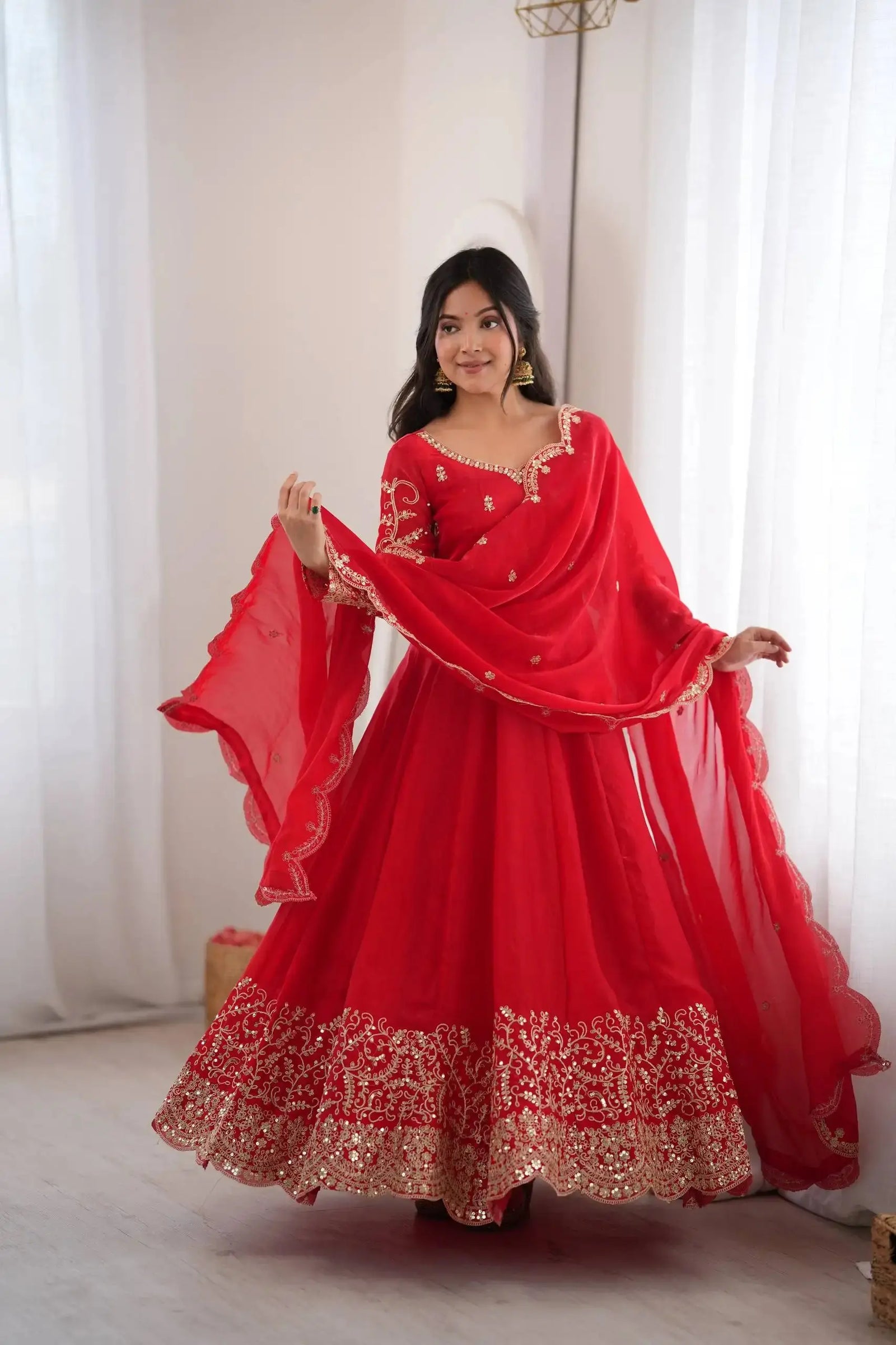 Red Sequins Embroidered Anarkali Suit with Pant and Dupatta – KU244