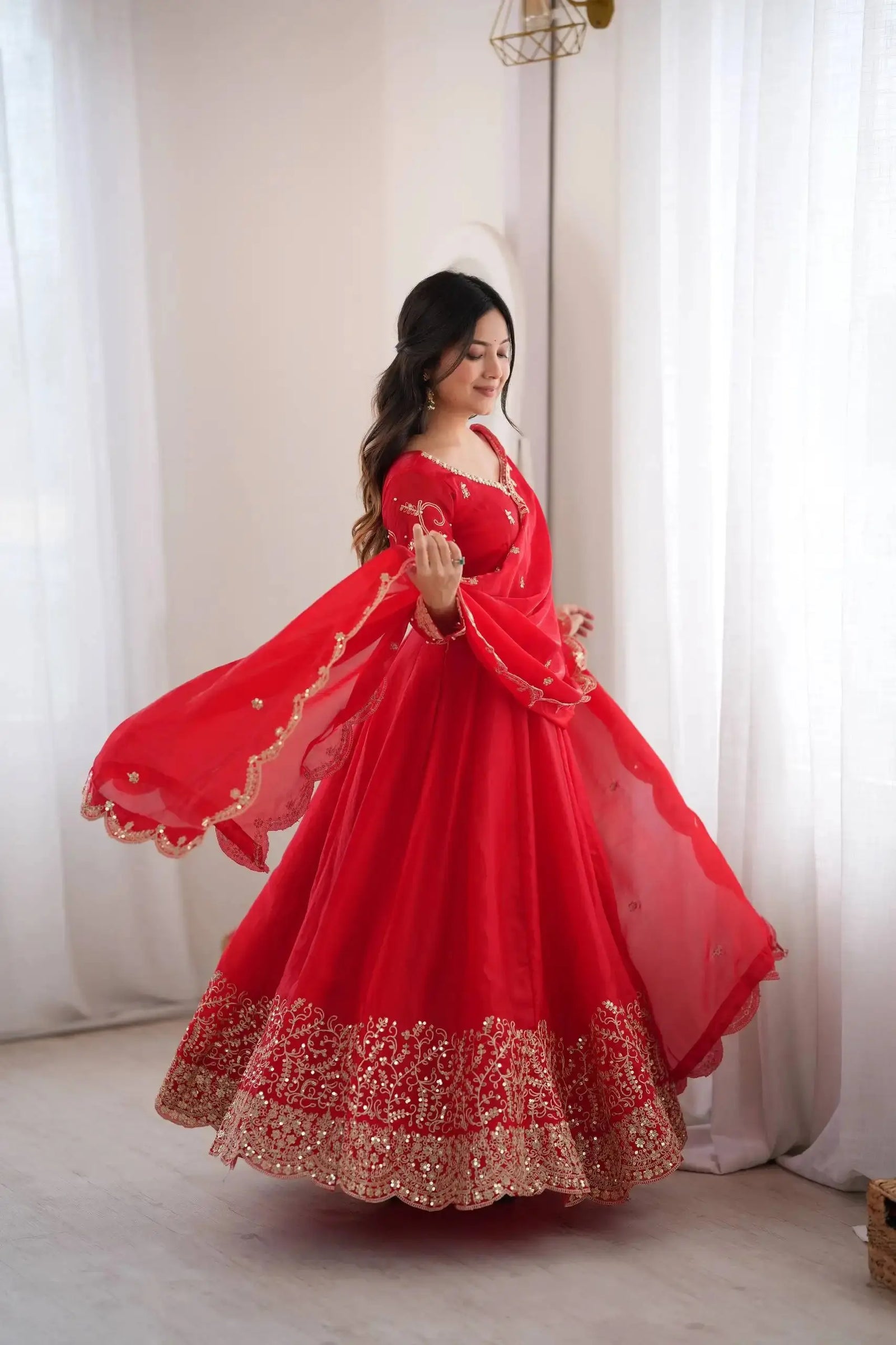 Red Anarkali Suit Side View Showing Flare and Gold Border – KU244