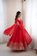 Red Anarkali Suit Side View Showing Flare and Gold Border – KU244