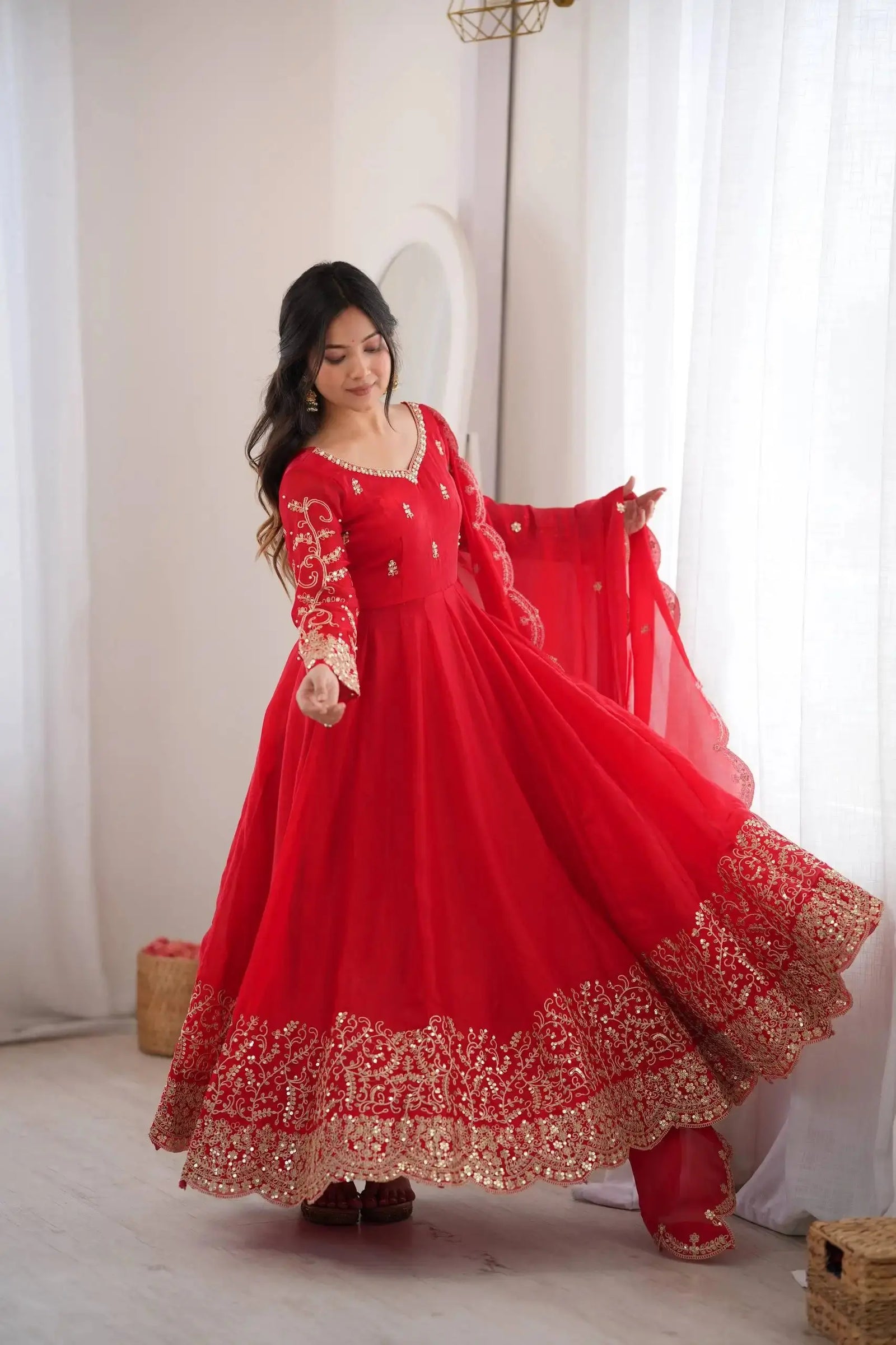 Red Sequins Embroidered Anarkali Suit Twirl View Showing Full Flare – KU244