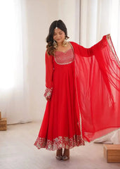 Red Sequins Embroidered Suit with Dupatta – KU245 | Kalyanja