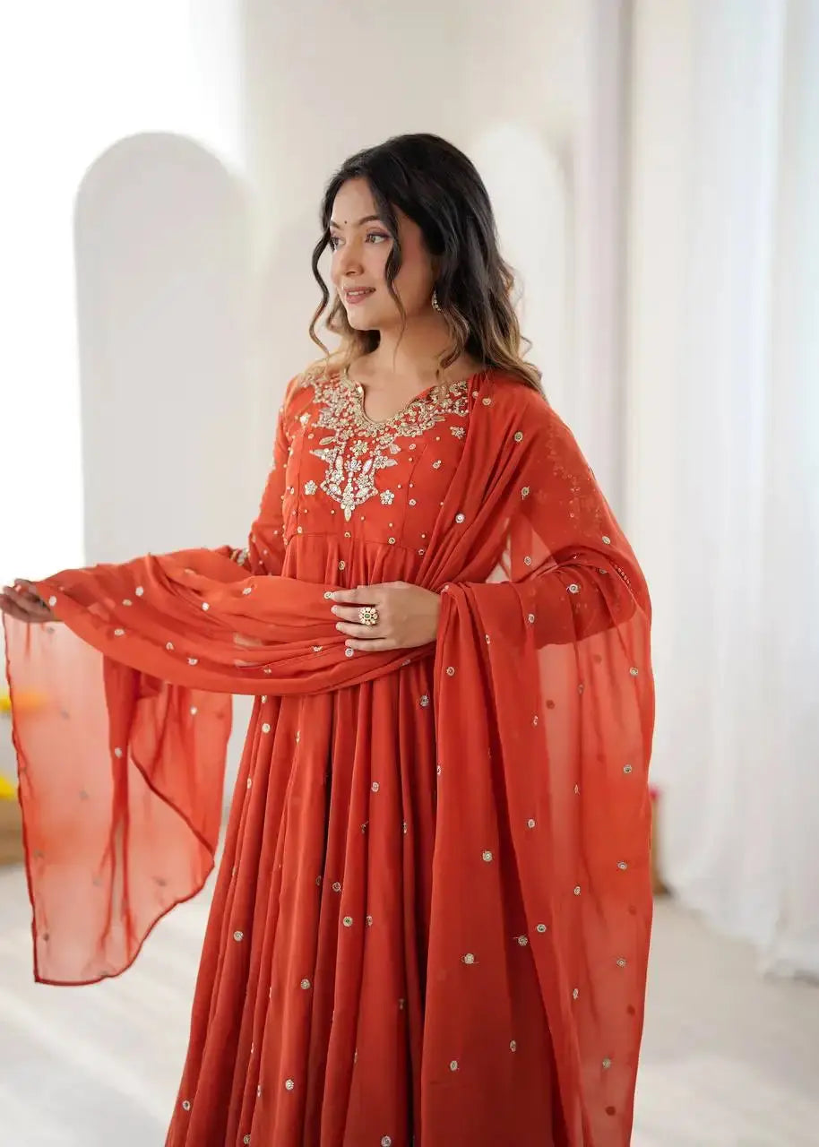Orange Anarkali Suit – Embroidered Yoke Close-Up | Kalyanja