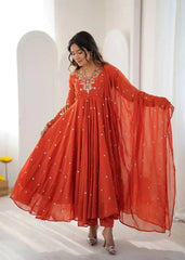 Orange Embroidered Suit – Wide Flair View with Dupatta | Kalyanja