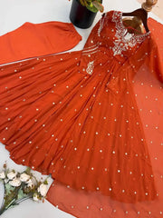 Orange Embroidered Anarkali Suit – Flat Lay Bodice and Sleeve Detail | Kalyanja
