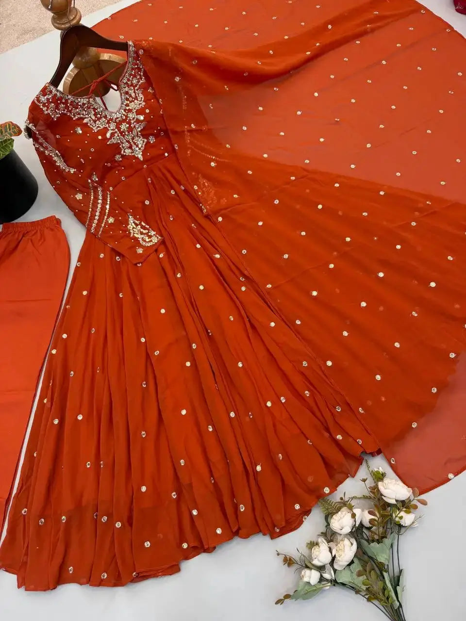 Orange Embroidered Suit – Full Set Flat Lay Overhead | KU246 | Kalyanja