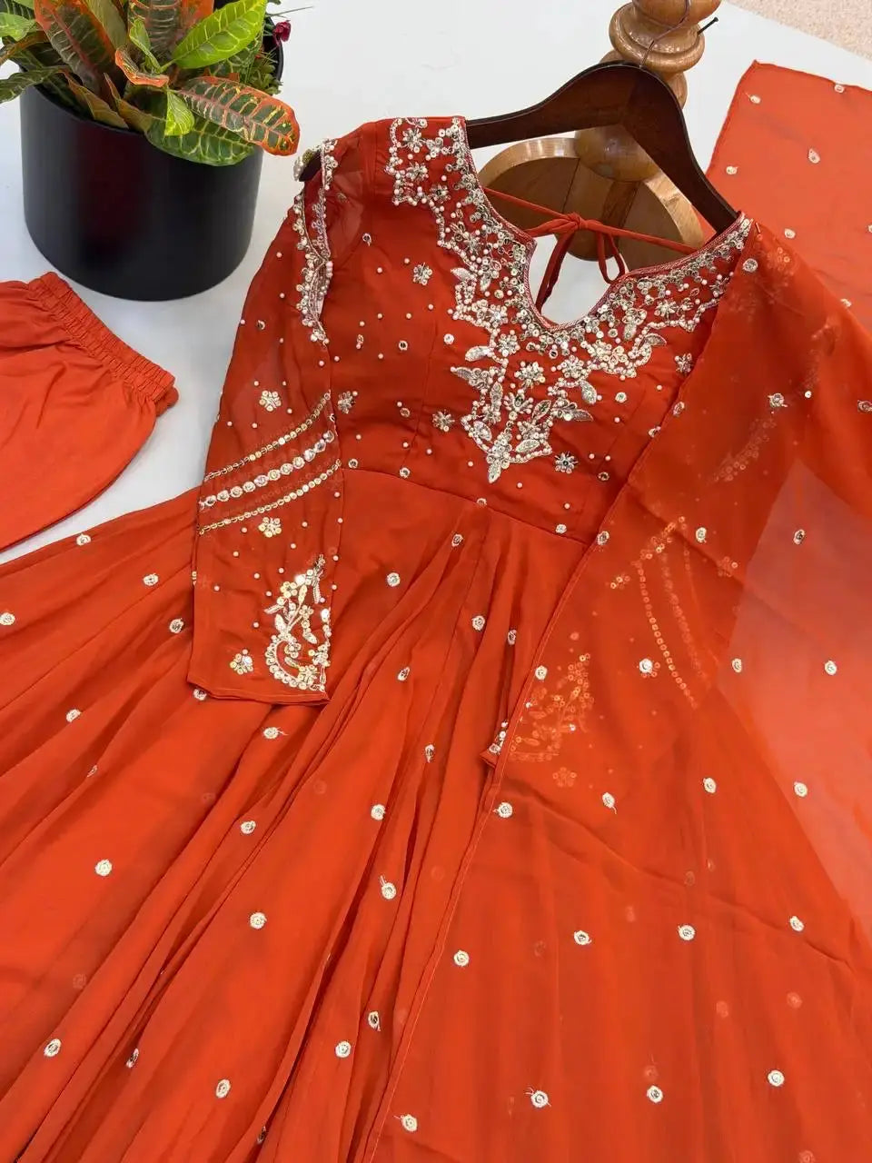 Orange Embroidered Suit – Flat Lay Fancy Neckline Embroidery Close-Up | Kalyanja
