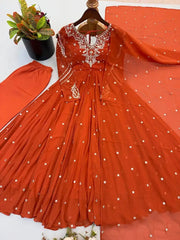 Orange Embroidered Anarkali Suit with Pant and Dupatta – Flat Lay on Hanger | Kalyanja