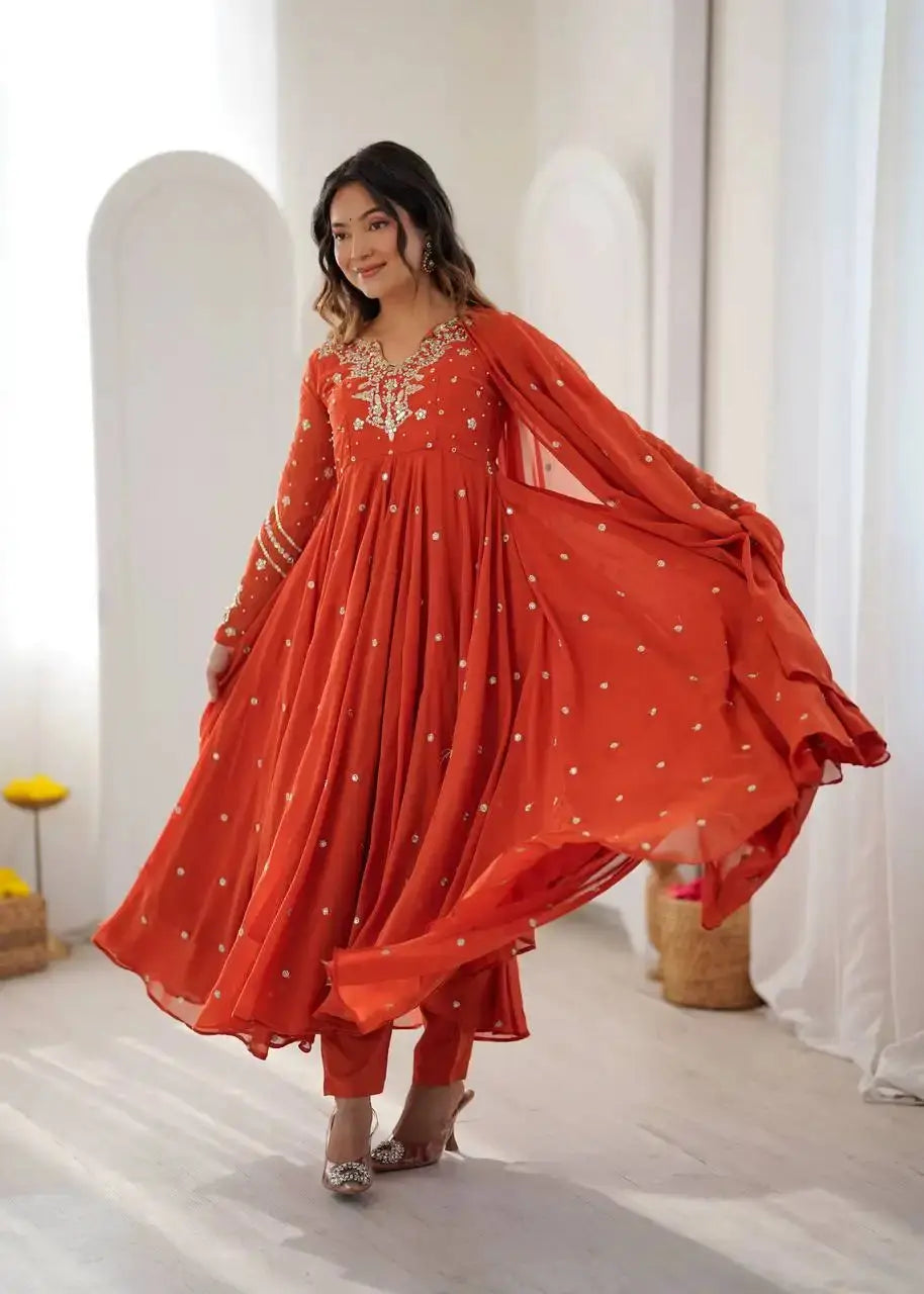 Orange Embroidered Anarkali Suit – Plus Size Front View | Kalyanja