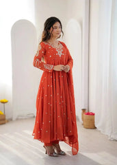 Orange Embroidered Anarkali Suit – Plus Size Three-Quarter View | Kalyanja