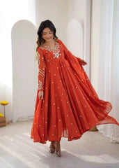 Orange Embroidered Suit – Model with Dupatta Flair | KU246 | Kalyanja