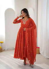Orange Embroidered Suit with Fancy Neck and Full Flair – KU246 | Kalyanja