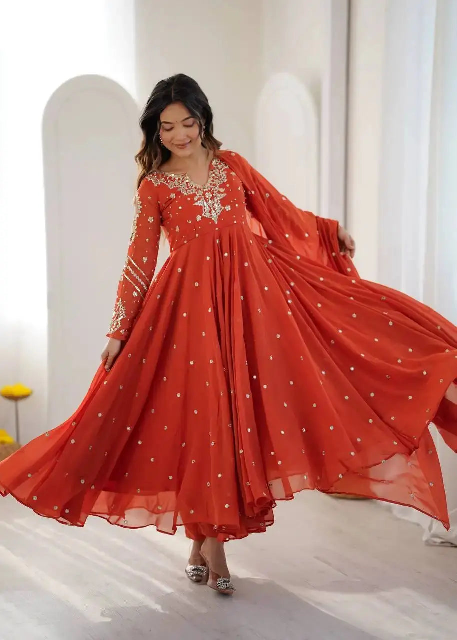 Orange Faux Georgette Anarkali Suit – Spinning Flair Shot | Kalyanja