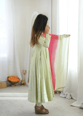 Light Pista Green Anarkali Suit – ombre dupatta gold lace border close-up