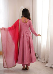 Pink Sequins Embroidered Anarkali Suit – full-length model shot with pant and dupatta