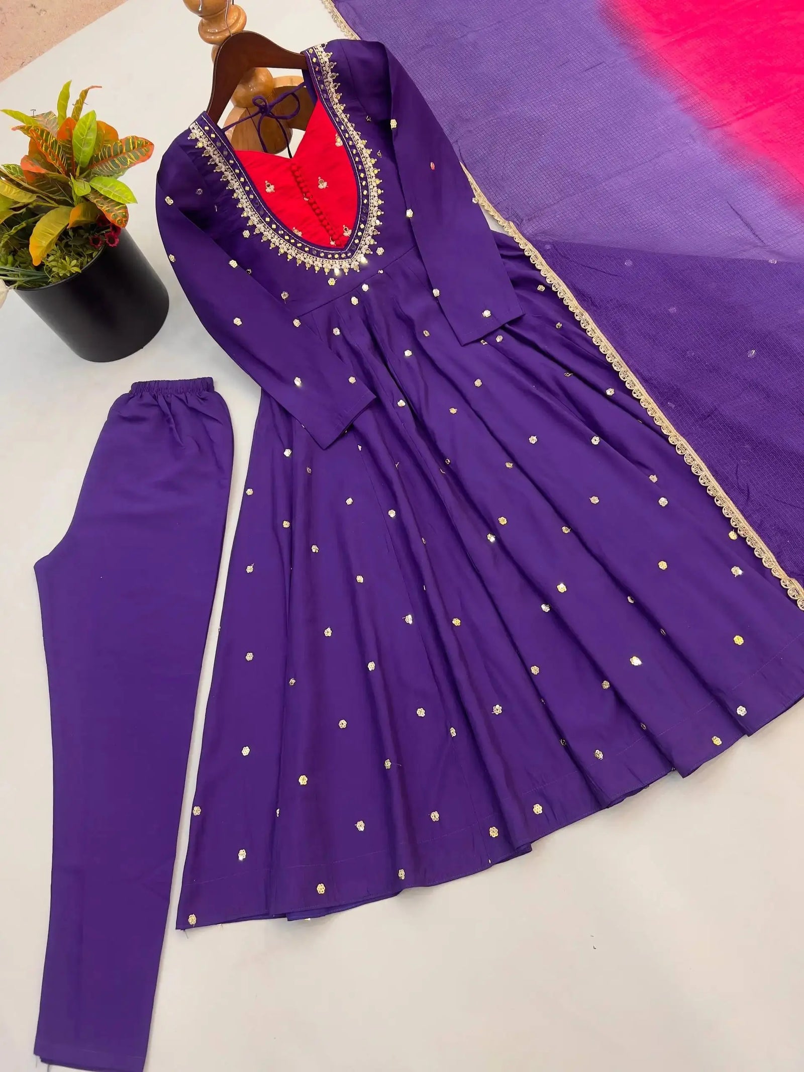 Purple Anarkali Suit – second full-length pose showing two-tone design and ombre dupatta